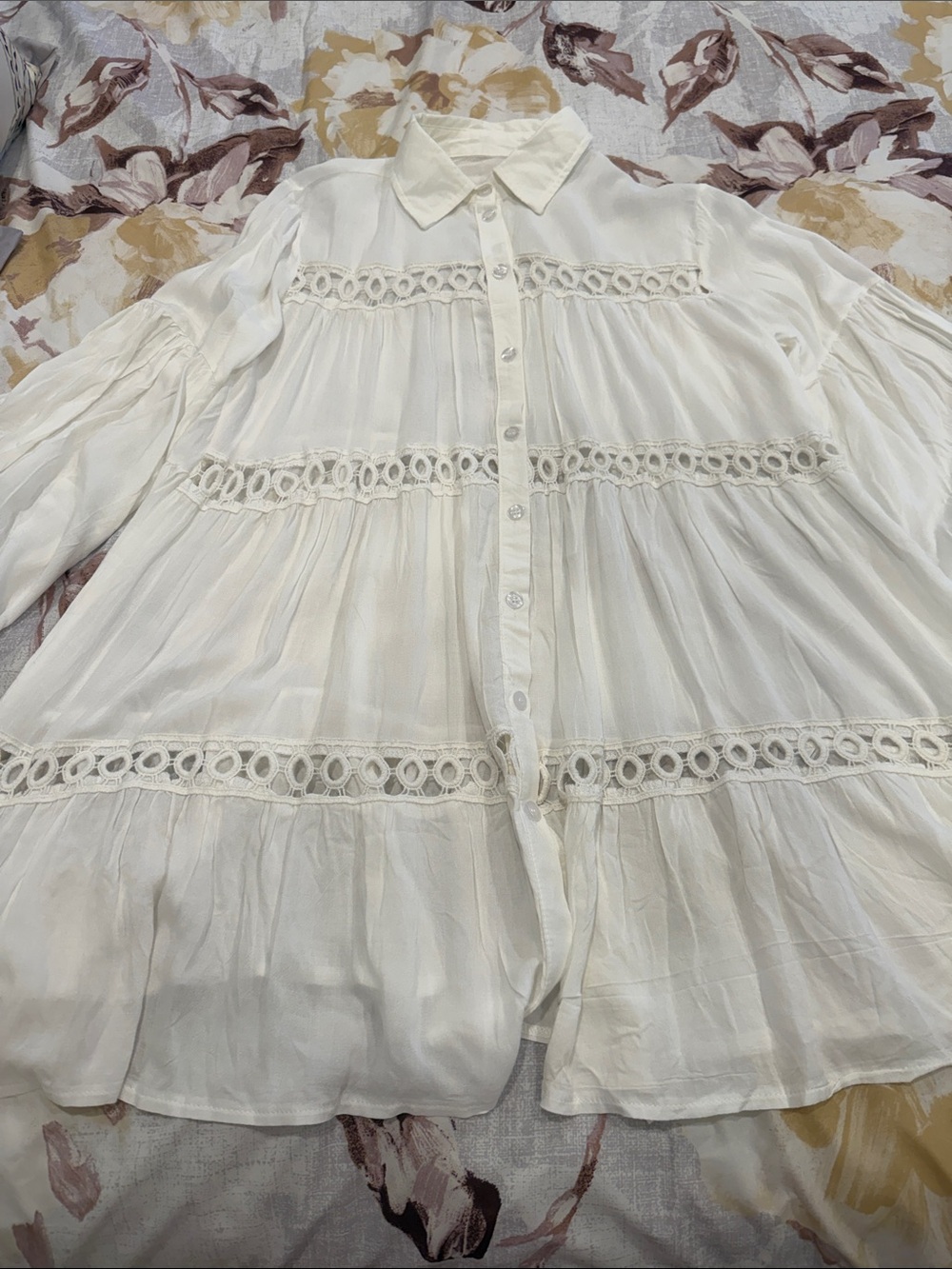 White Lace-Trim Button-Down Tunic Blouse